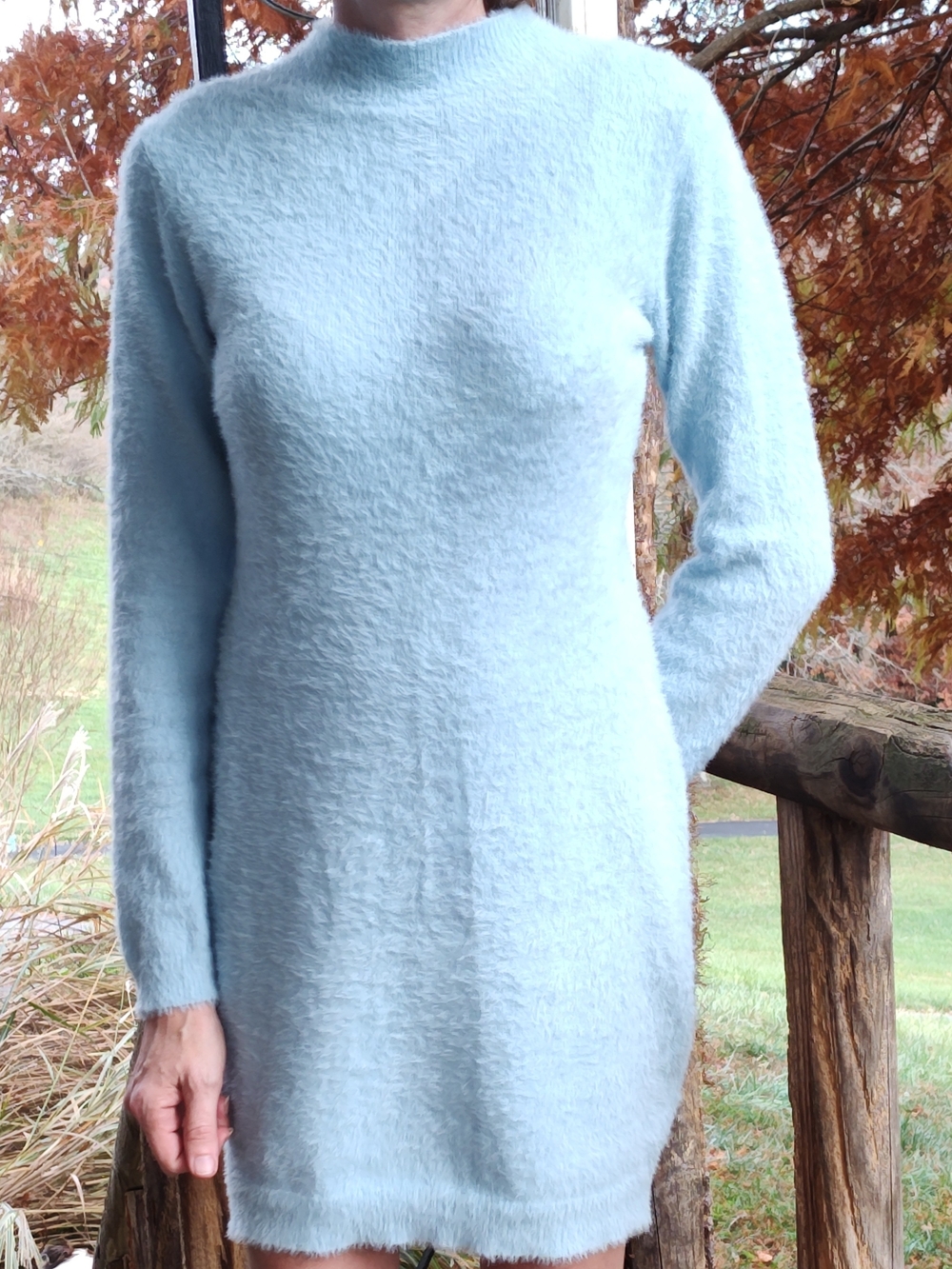 Light Blue Fuzzy Long Sleeve Knit Sweater Dress
